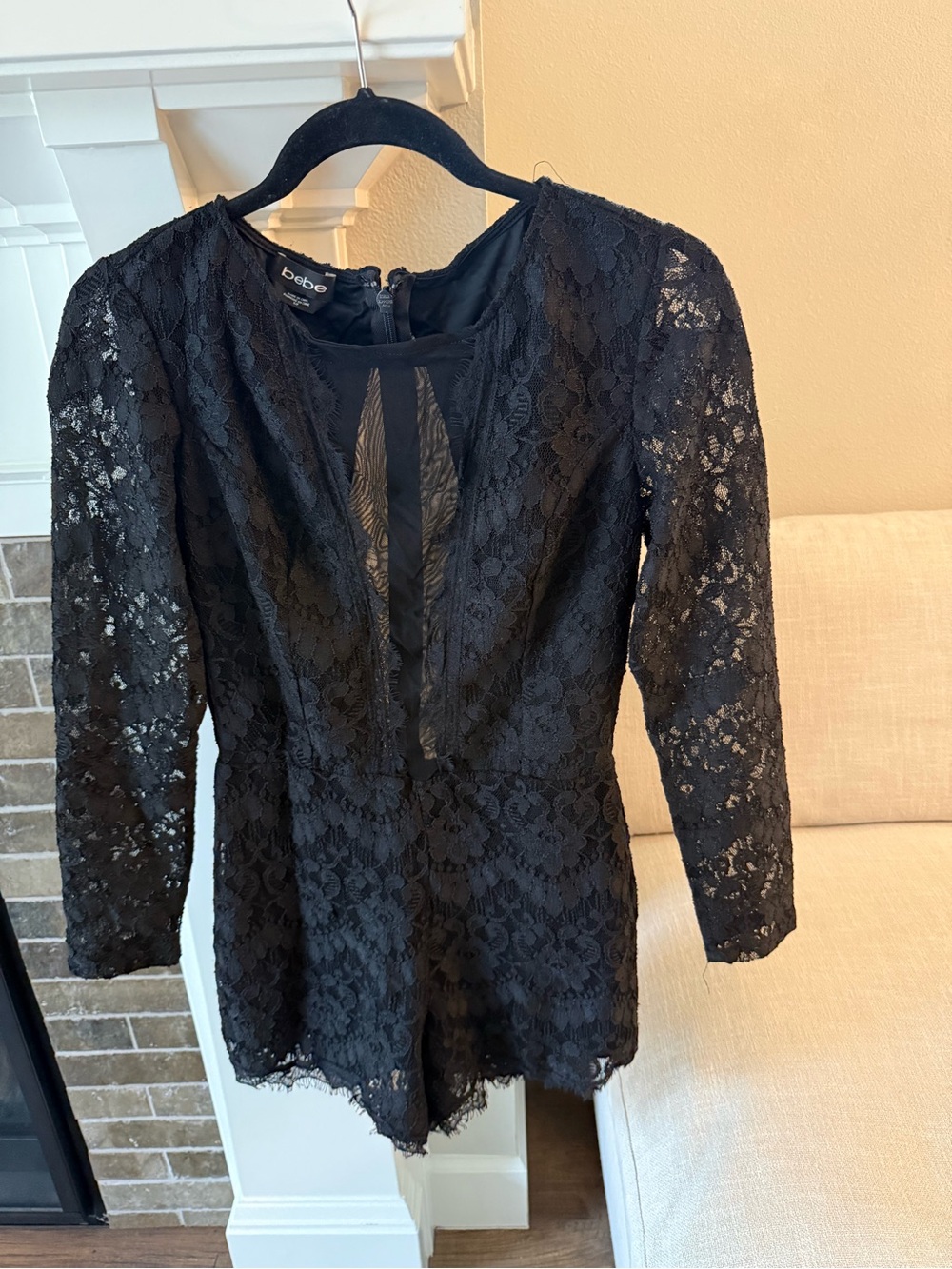 bebe Black Lace Romper with Sheer Mesh Inset